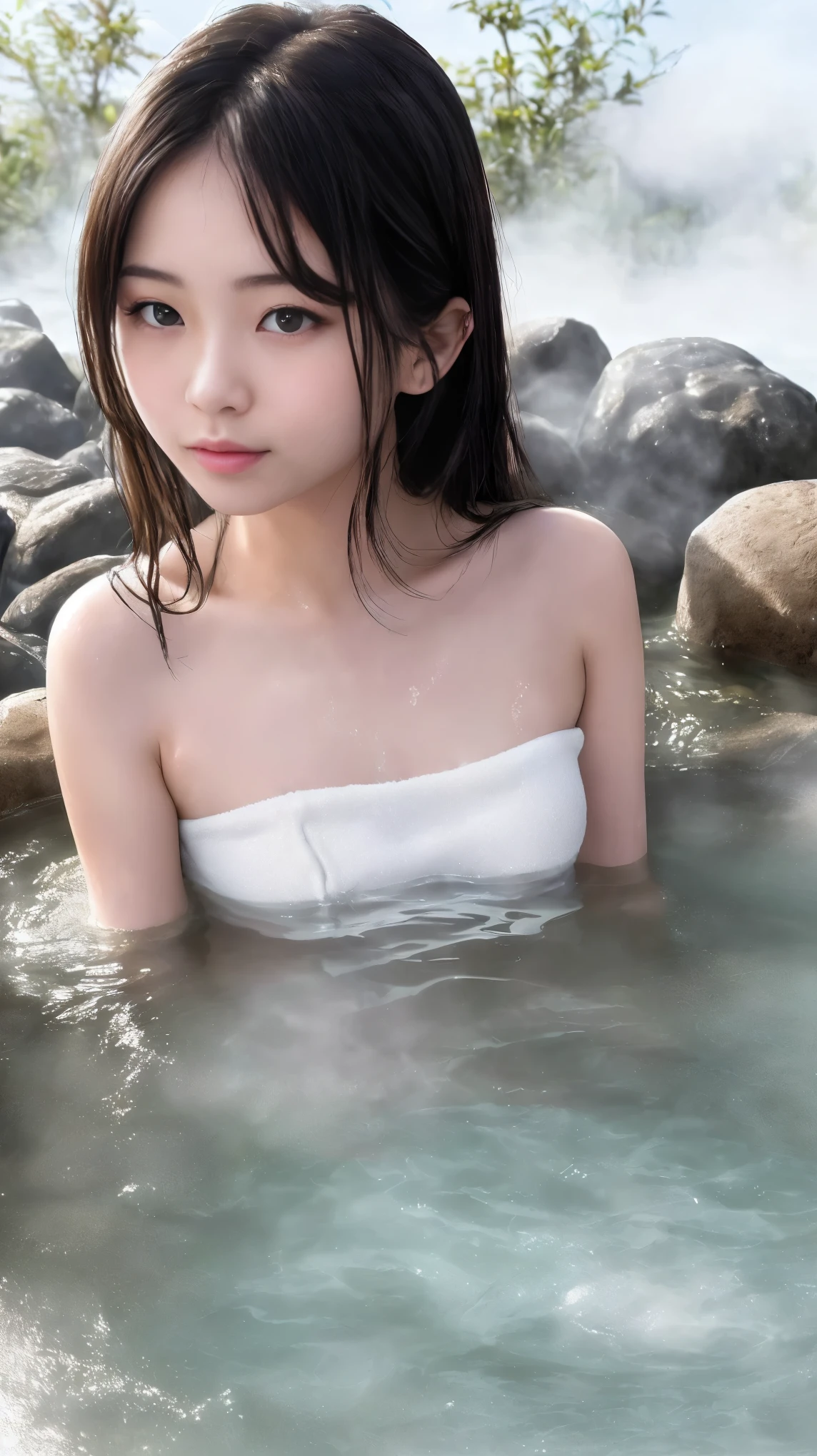 最high quality、high quality、Best image quality、8K、最High resolution、High resolution、最high quality、masterpiece、Detailed and realistic human body、Detailed and realistic skin、Realistic face in every detail、Realistic reproduction of every detail、Detailed and realistic lips、Detailed and realistic teeth、Detailed and realistic ears、Detailed and realistic hair、Detailed and realistic weapons、Realistic reproduction of every detail、Realistic fingers in every detail、(Beautiful Hands、thumb1reference4)、Realistic feet down to the last detail、((Beautiful Japanese Girl))、(Japanese Model), (Japanese women)、18 year old beautiful girl))、(Black Hair)、(Random hairstyle)、((whole body))、((Flat chest、Small breasts))、(Slim and perfect figure)、(whole body光沢肌、Fair skin)、((A white towel is wrapped around the body))、((Thin towel(Her skin is visible through the wet towel))、(Soft natural light)、((Deep in the forest(Natural hot springs gush out))、((Hot springs surrounded by rocks))、((deep bathtub(deep hot spring))、((Group))、((mixed bathing))、((Onsen Girls))、((Enter the hot spring))、((A woman warming herself in a hot spring))、((Relax in the hot springs))、((Immerse in water(Girl flying underwater))、((Immerse in water(Girl floating on water))、((A lot of steam rises from the hot spring.....))、((Extremely clear hot spring water))、((The main body seen from the water surface))