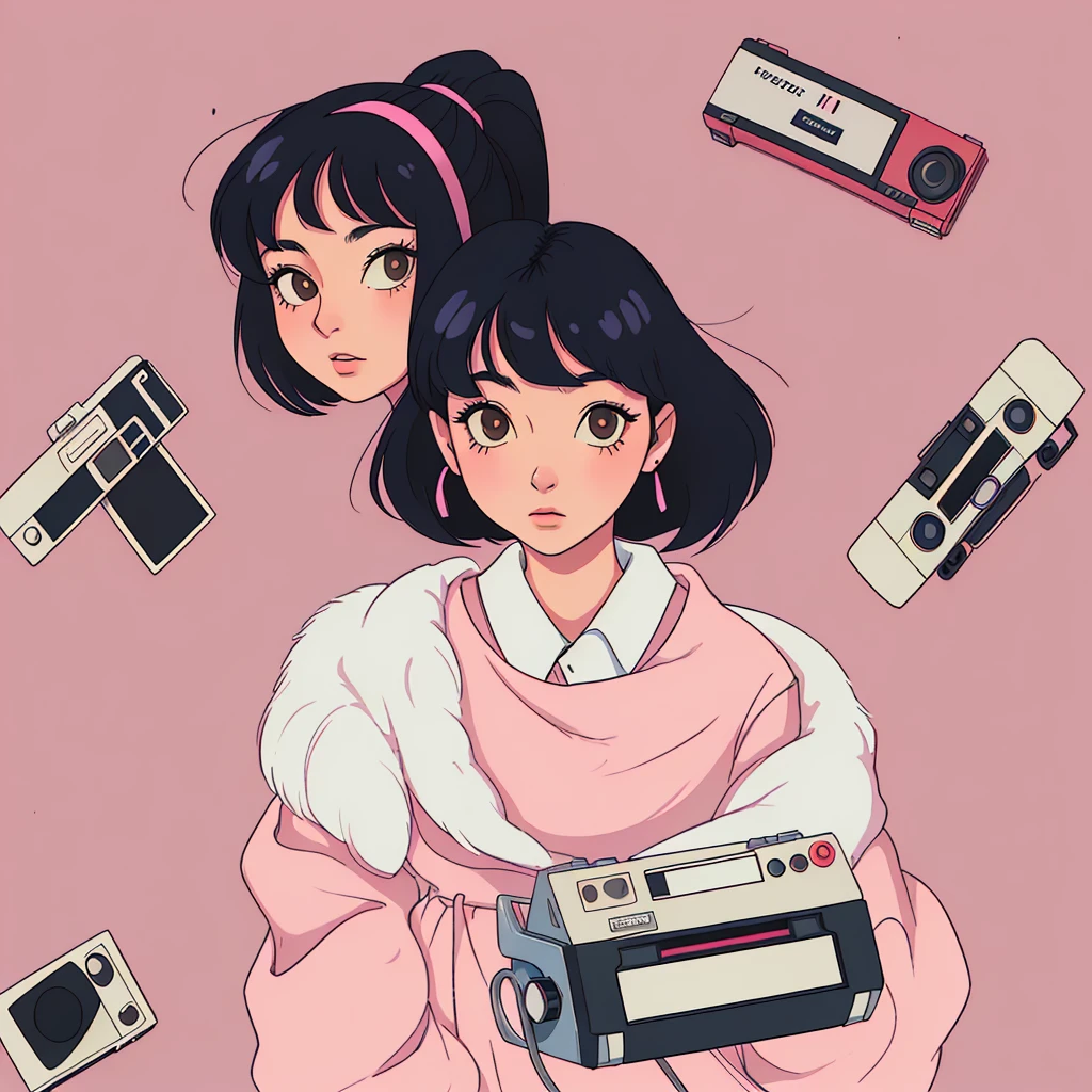 A very beautiful Japanese girl around 18 years old.,woman,He is looking at me with a retro cassette tape.,womanはとても幸せそうです,1980s,Wearing retro clothes