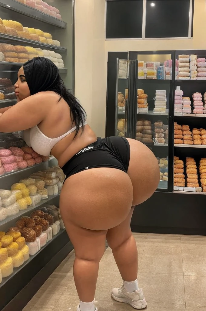 a plump black arabic girl leans over a display case filled with donuts. ((she has black hair in a short hier)). She is wearing a hijab with white drawstrings hanging down the front. (she has thick thighs), and (((she has a huge butt))). Her calves are normal sized. Her feet are normal sized. She's wearing white tennis shoes with no visible socks. Photo is taken from the side. Building is warm colors. She's licking her lips.