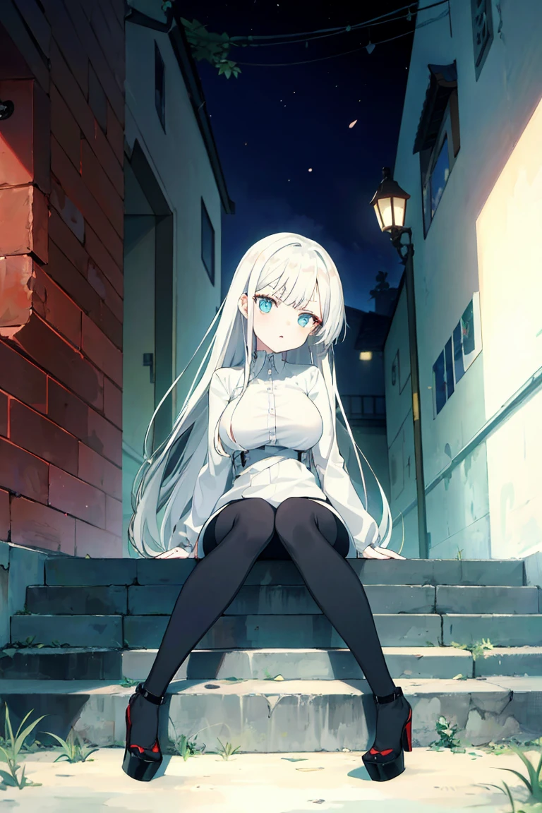 (masterpiece, Best quality, absurd), 1 girl, white hair, long hair, straight hair, blunt bangs, light blue eyes, big breasts, aesthetic waist, pale skin, white shirt, short jeans, black stockings and black heels, face angry face, beautiful, full length, masterpiece, in an abandoned dark building, at night, pointing finger at me, sitting on a wooden platform, ruka, view from below, threatening
