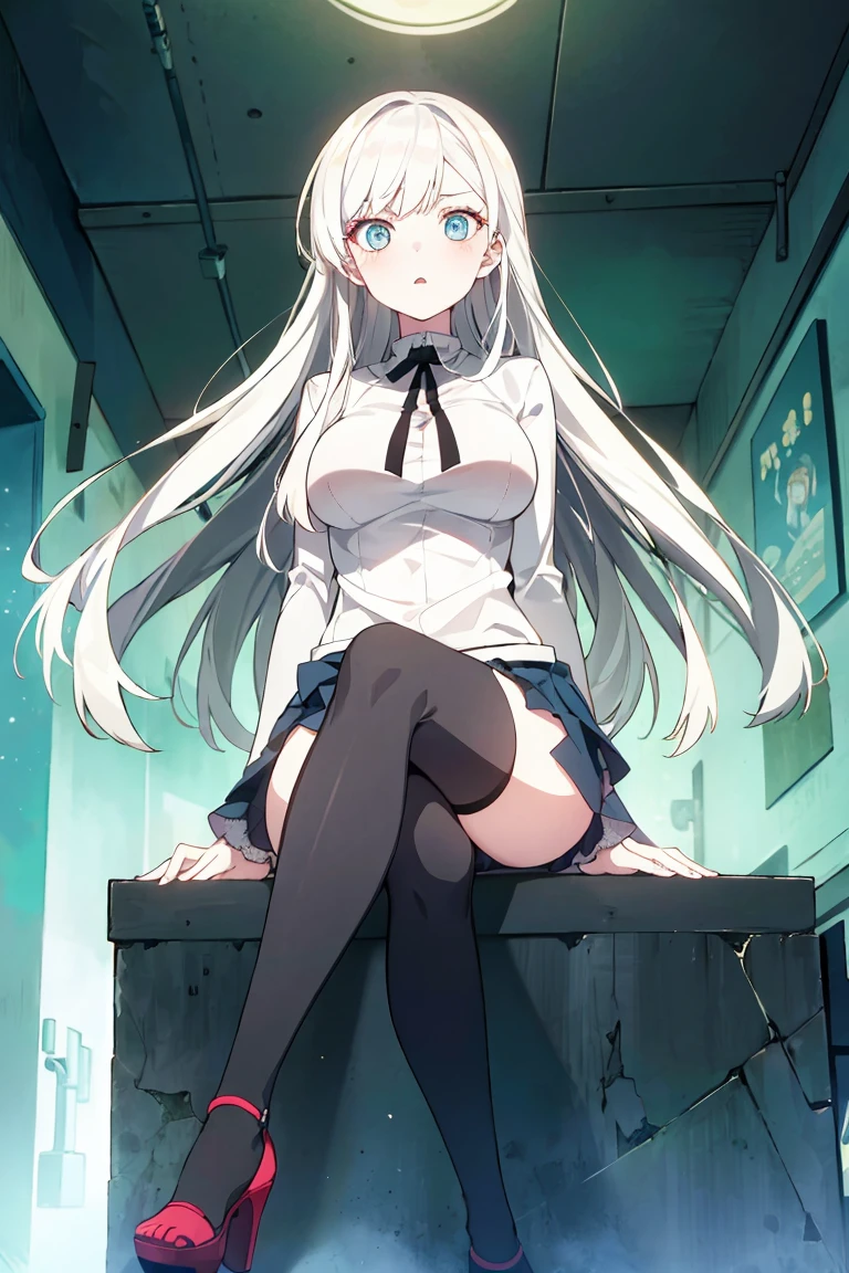 (masterpiece, Best quality, absurd), 1 girl, white hair, long hair, straight hair, blunt bangs, light blue eyes, big breasts, aesthetic waist, pale skin, white shirt, short jeans, black stockings and black heels, face angry face, beautiful, full length, masterpiece, in an abandoned dark building, at night, pointing finger at me, sitting on a wooden platform, ruka, view from below, threatening
