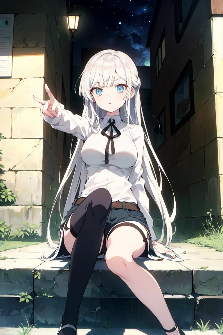 (masterpiece, Best quality, absurd), 1 girl, white hair, long hair, straight hair, blunt bangs, light blue eyes, big breasts, aesthetic waist, pale skin, white shirt, short jeans, black stockings and black heels, face angry face, beautiful, full length, masterpiece, in an abandoned dark building, at night, pointing finger at me, sitting on a wooden platform, ruka, view from below, threatening
