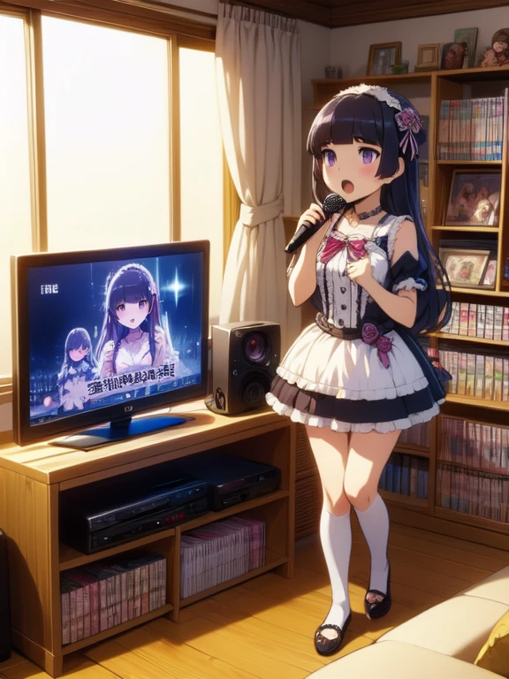 (ruri gokou), (Ultra-high resolution), (masterpiece), (Attention to detail), (high quality), (最high quality) , 1 Girl, alone, Hime cut, Gothic ta, Loliashion, head band,, ((karaoke machine wired)), (2girl), singing, holding a mic, subtitle on TV, manga bookcase, sofa, carpet, posters, curtain, wooden floor, slipper,