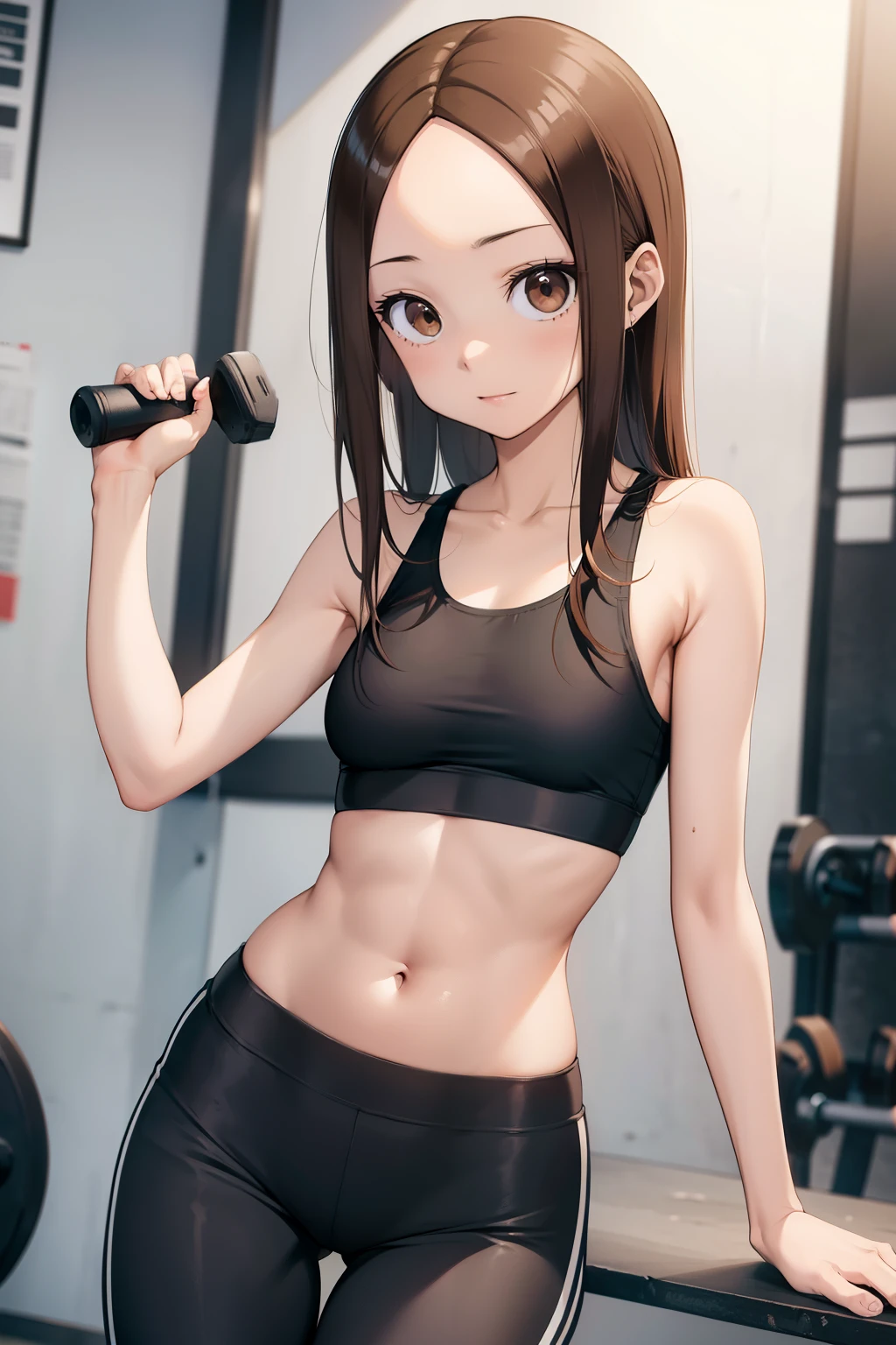 Takagi-san,  young girl, toned body, sports bra, flat chest , sexy tight leggings ,marca de calcinha , gym .