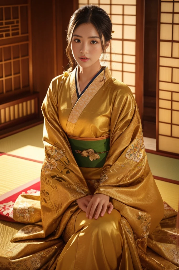 大きい胸、 kimono、Cinematic atmosphere、Professional composition、Natural Body、fantasy,sitting in front of a golden screen、flower arrangement、tatami、looking at the camera、intricate details,dramatic lighting,beautiful detailed eyes,beautiful detailed lips,extremely detailed eyes and face,long eyelashes