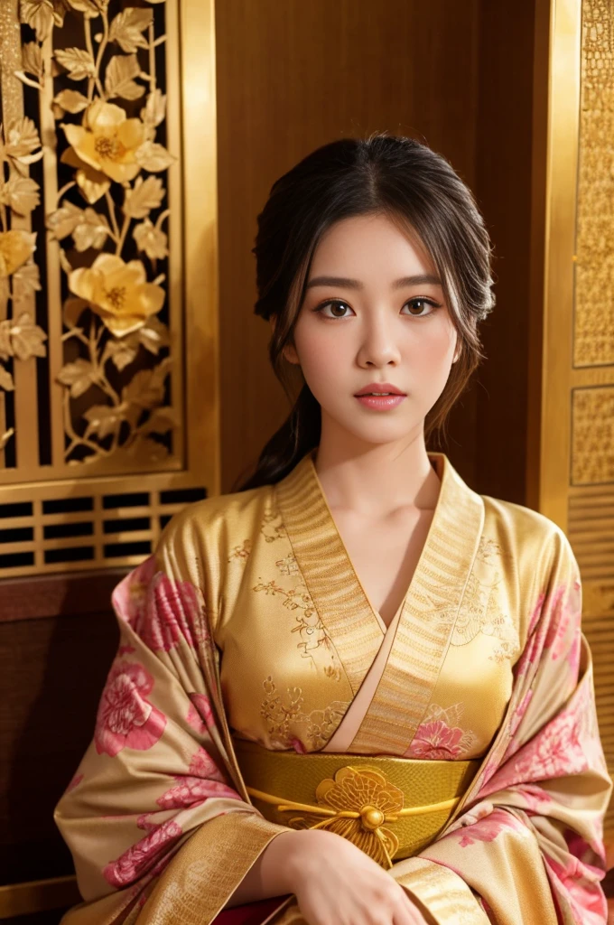 大きい胸、 kimono、Cinematic atmosphere、Professional composition、Natural Body、fantasy,sitting in front of a golden screen、flower arrangement、tatami、looking at the camera、intricate details,dramatic lighting,beautiful detailed eyes,beautiful detailed lips,extremely detailed eyes and face,long eyelashes