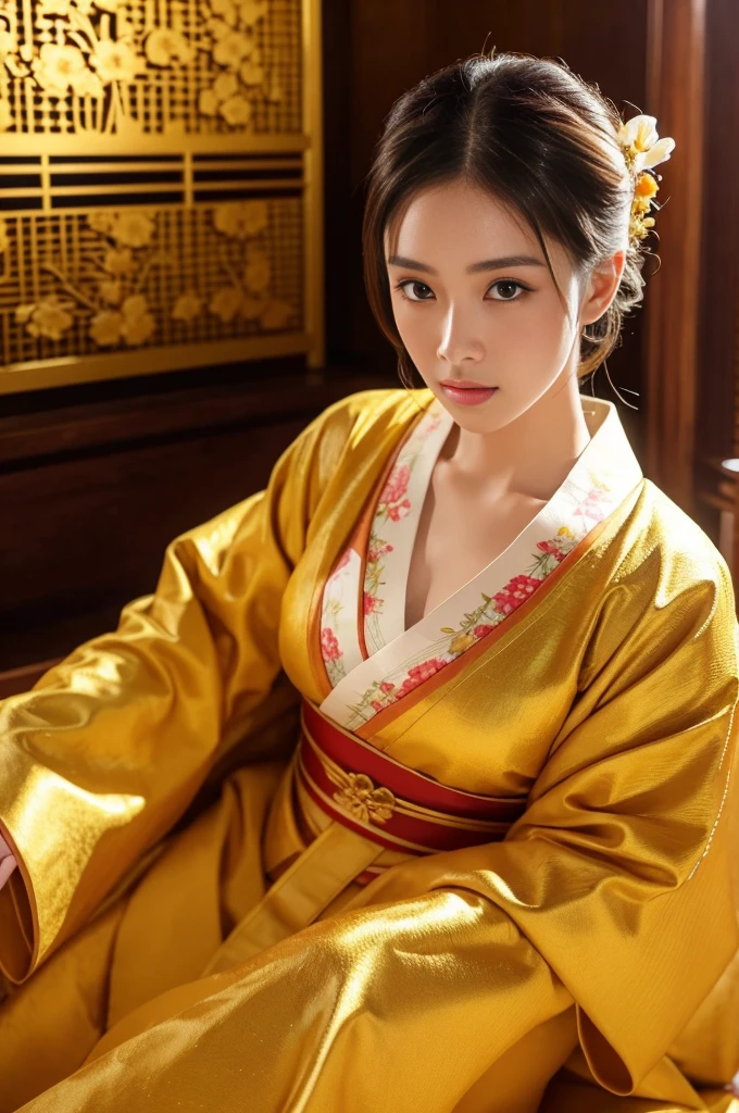 大きい胸、 kimono、Cinematic atmosphere、Professional composition、Natural Body、fantasy,sitting in front of a golden screen、flower arrangement、tatami、looking at the camera、intricate details,dramatic lighting,beautiful detailed eyes,beautiful detailed lips,extremely detailed eyes and face,long eyelashes