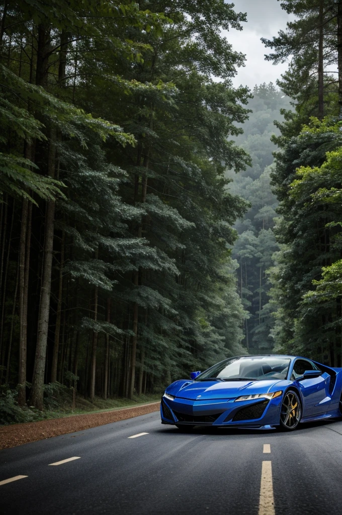 A blue Acura NSX in front of a blue Lamborghini Gallardo with a blue Ferrari 458 Spider behind them in a background of a forest with a road in the middle in cloudy weather