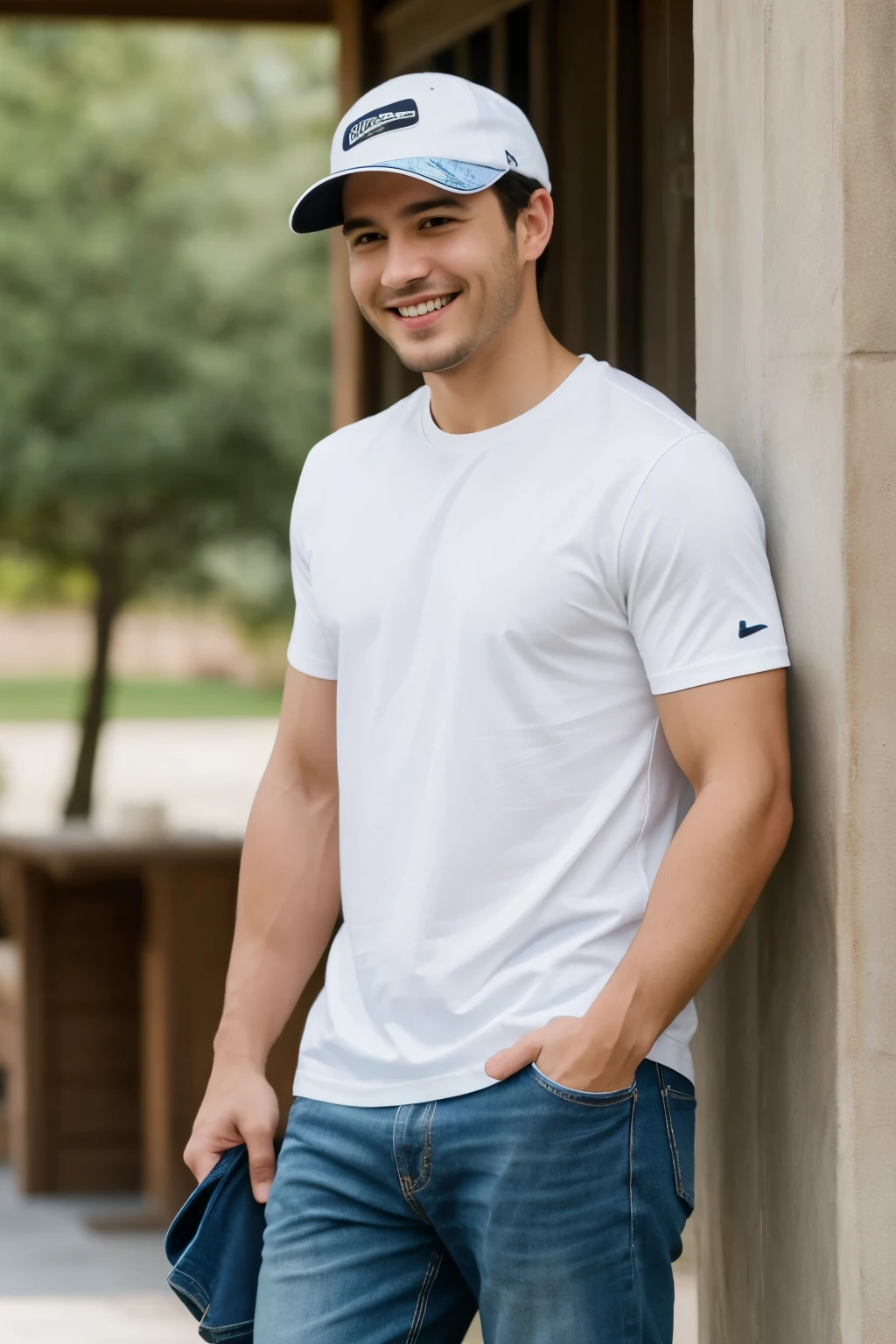((Best Quality)), ((Masterpiece)), (detailed), a man looking at his cell phone very surprised, wear a white cap, white short sleeve t-shirt and smile a lot, with wide open eyes, bottomless