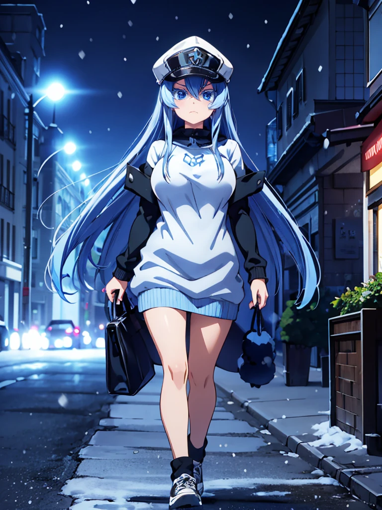 (artwork, best quality) a girl with long blue hair, blue eyes, blue eyelashes, big breasts, white sweatshirt with a hat, walking, upset, on a street in Russia, snowing heavily, at night