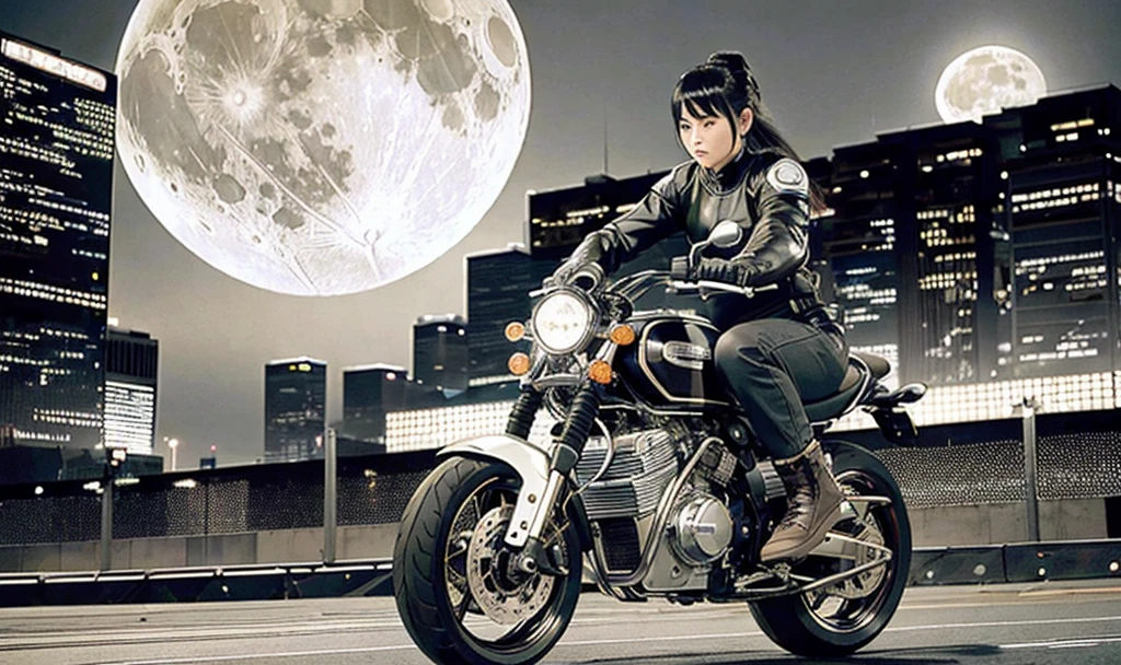 best quality, masterpiece, photo, 4K, photorealistic, highly detailed,
1girl riding motobike, techwear, cyberpunk city, solo, futuristic, huge moon in the background, black and white, by Akira Toriyama, closeup,
