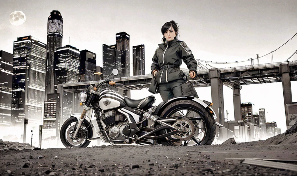 best quality, masterpiece, photo, 4K, photorealistic, highly detailed,
1girl riding motobike, techwear, cyberpunk city, solo, futuristic, huge moon in the background, black and white, by Akira Toriyama, closeup,