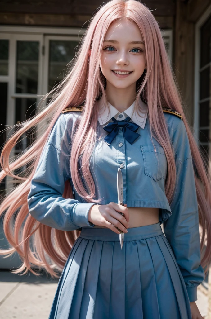 ((best qualityer)),((work of art)), 1 girl with long pink hair, blue colored eyes, schoolar uniform,((wide smile)), holding a knife 