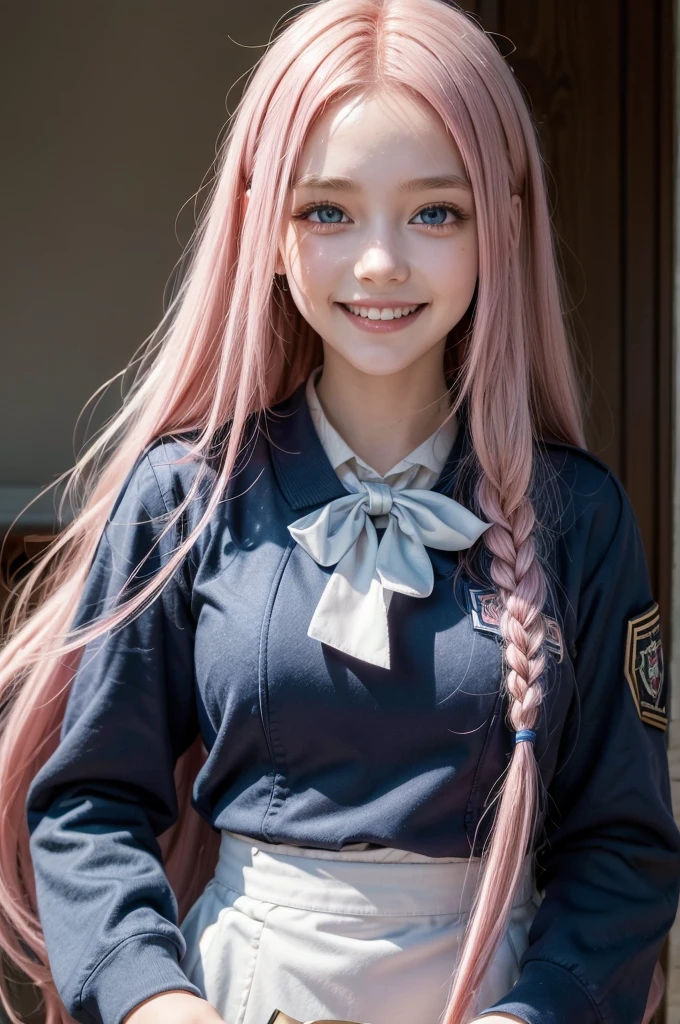 ((best qualityer)),((work of art)), 1 girl with long pink hair, blue colored eyes, schoolar uniform,((wide smile)), holding a knife 