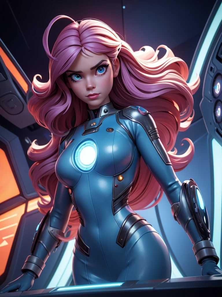 a cute woman, kate mara, age 25, barbarella costume, 1950s retro sci-fi spaceship, checking instruments, looking out viewports, detailed face, beautiful eyes, perfect skin, flowing hair, elegant figure, futuristic environment, advanced technology, glowing control panels, large viewports, metallic surfaces, bright lighting, vibrant colors, cinematic angle, dramatic mood, photorealistic, masterpiece