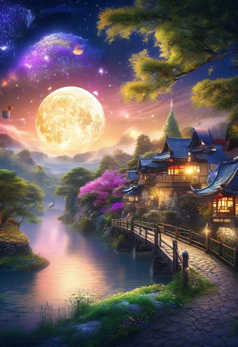 (Highest quality,4K,8K,High resolution,masterpiece:1.2),Super detailed,(Realistic,photoRealistic,photo-Realistic:1.37),Beautiful and fascinating fantasy surrealism,美しく幻想的なファンタジーの村の月明かりのnight,Moon goddess abstract atmosphere,Village scenery,Mobile phone wallpaper,Magical fantasy world,Enchanting fairytale village,幻想的な月night,Mysterious and dreamy,A serene and otherworldly atmosphere,The soft moonlight illuminates the scene.,Twinkling stars scattered across the sky々,expensive, A thin tree with shiny leaves々,Warm light coming from the window,Whimsical and colorful buildings,Ornate towers and domes,Old stone bridge across a sparkling river,Beautiful cobbled streets around the village,Fascinating flowers in vibrant colours,Floating lanterns create a magical atmosphere,Sparkling fireflies dancing in the air,Lush,A peaceful atmosphere surrounds the scene,The moon goddess who emits a gentle light,A veil of mystery and magic,Fantastic music fills the air,peaceful and calming atmosphere,Dreamy and surreal landscape,Quiet and peaceful environment,Warm and cozy feel,Pleasant and comfortable,Dreamy atmosphere,A mysterious aura in the air,An elegant and magical scene,evoke a sense of wonder and awe,超Realisticなワンダーランドに変身,The perfect balance of fantasy and reality,Where dreams come true,A glimpse into a magical world,Mobile phone wallpaper that transports you to another world.((starry sk(milky way))、((Tanabata))、night、night景、Starlight、Twinkling of the stars