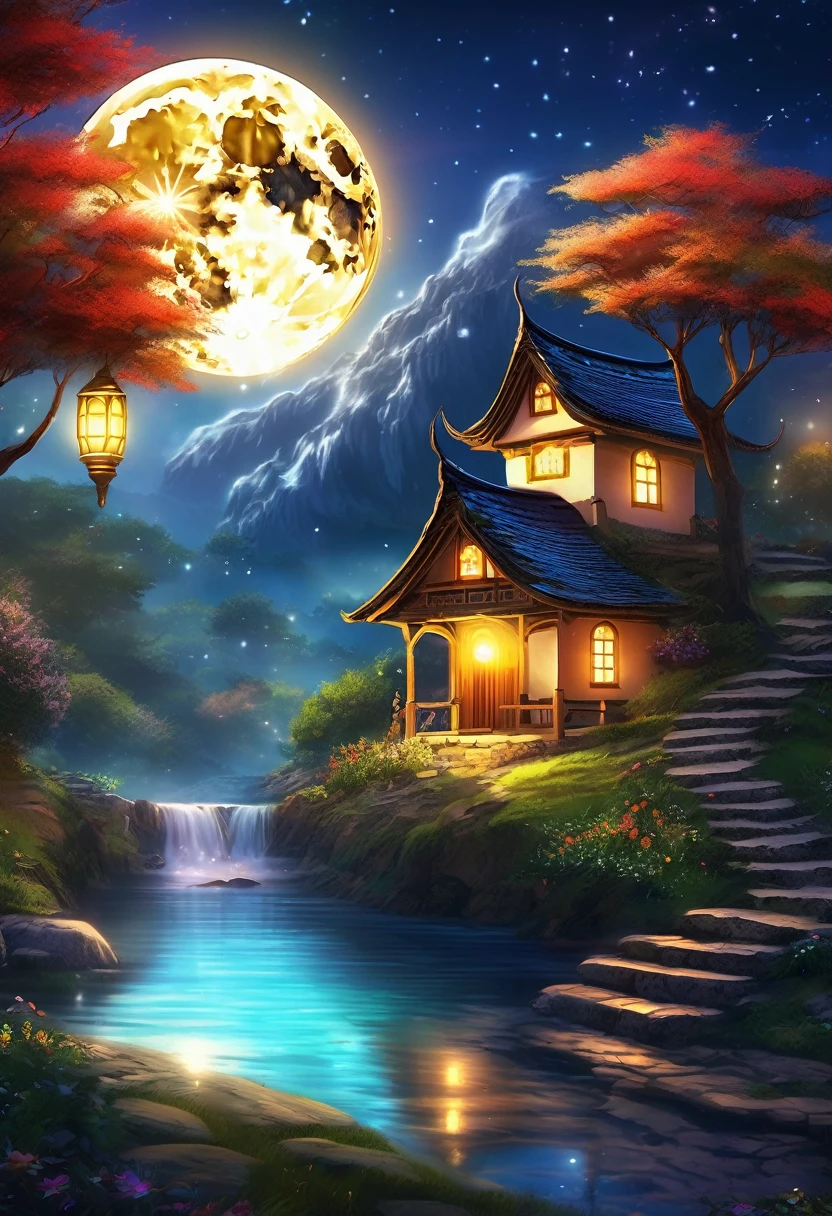 (Highest quality,4K,8K,High resolution,masterpiece:1.2),Super detailed,(Realistic,photoRealistic,photo-Realistic:1.37),Beautiful and fascinating fantasy surrealism,美しく幻想的なファンタジーの村の月明かりのnight,Moon goddess abstract atmosphere,Village scenery,Mobile phone wallpaper,Magical fantasy world,Enchanting fairytale village,幻想的な月night,Mysterious and dreamy,A serene and otherworldly atmosphere,The soft moonlight illuminates the scene.,Twinkling stars scattered across the sky々,expensive, A thin tree with shiny leaves々,Warm light coming from the window,Whimsical and colorful buildings,Ornate towers and domes,Old stone bridge across a sparkling river,Beautiful cobbled streets around the village,Fascinating flowers in vibrant colours,Floating lanterns create a magical atmosphere,Sparkling fireflies dancing in the air,Lush,A peaceful atmosphere surrounds the scene,The moon goddess who emits a gentle light,A veil of mystery and magic,Fantastic music fills the air,peaceful and calming atmosphere,Dreamy and surreal landscape,Quiet and peaceful environment,Warm and cozy feel,Pleasant and comfortable,Dreamy atmosphere,A mysterious aura in the air,An elegant and magical scene,evoke a sense of wonder and awe,超Realisticなワンダーランドに変身,The perfect balance of fantasy and reality,Where dreams come true,A glimpse into a magical world,Mobile phone wallpaper that transports you to another world.((starry sk(milky way))、((Tanabata))、night、night景、Starlight、Twinkling of the stars