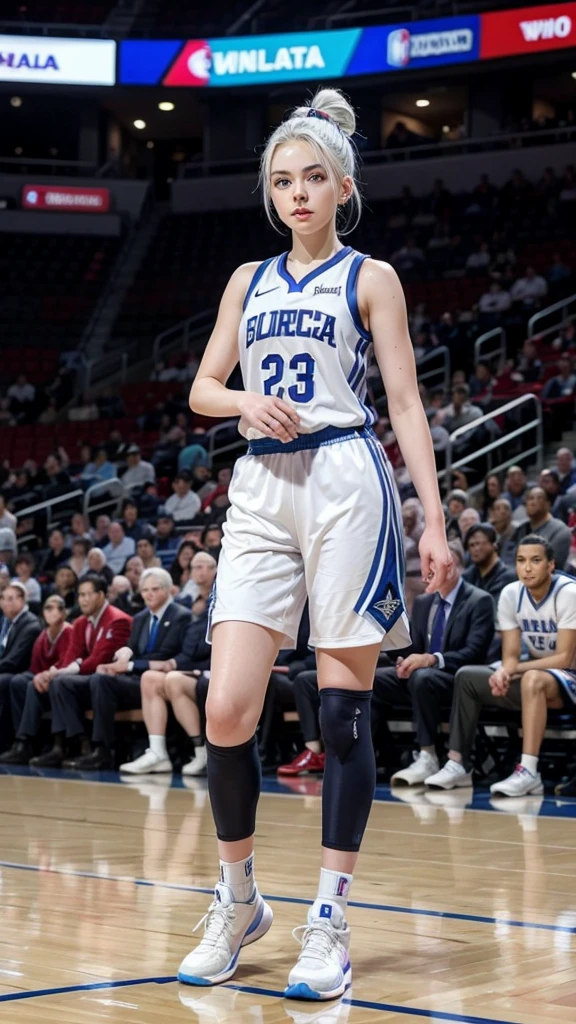 Female ager with white hair up blue eyes and white skin wearing NBA USA uniform full body