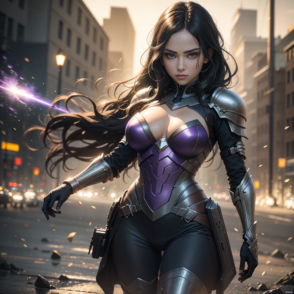 a woman with wavy black hair and purple eyes, black alien armor, freckles, blush, eyeshadow, beautiful face, dramatic lighting, cinematic composition, epic fantasy, high detail, (best quality,4k,8k,highres,masterpiece:1.2),ultra-detailed,(realistic,photorealistic,photo-realistic:1.37),HDR,UHD,studio lighting,ultra-fine painting,sharp focus,physically-based rendering,extreme detail description,professional,vivid colors,bokeh