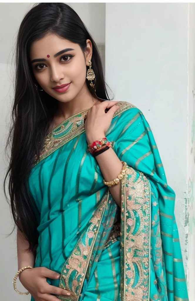 a woman in a sari posing for a picture, indian goddess, traditional beauty, indian, beautiful goddess, ornate cosplay, indian style, indian super model, beautiful maiden, gorgeous woman, south east asian with long, provocative indian, gorgeous beautiful woman, intricate outfit, hindu aesthetic, beautiful asian girl, extremely detailed goddess shot, jaw-dropping beauty, big  deep cleavage sexy navel