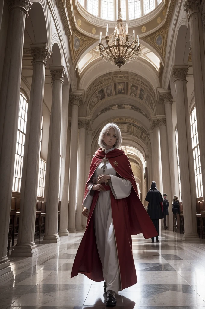 A renegade angel, dressed in red robes and with gray wings, is confronting a group of priests inside the Vatican. The scene is tense and emotionally charged, with the angel and the priests exchanging defiant glances. The interior of the Vatican is majestic, with detailed architecture and soft lighting. The angel's expression is one of determination and inner conflict. The image is drawn with strong manga lines, highly realistic and detailed. The scene must be in high-quality 4K, capturing every detail of the clothing, expressions and environment with precision.