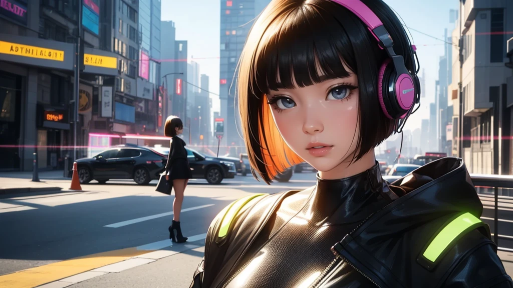 Put on your headphones, a beautiful lady with, bob cut,Bangs, Ultra high definition full body portrait, (high quality) (Super detailed) ; futuristic city, rich and colorful, bright colors, Bright colors, Warm colors.