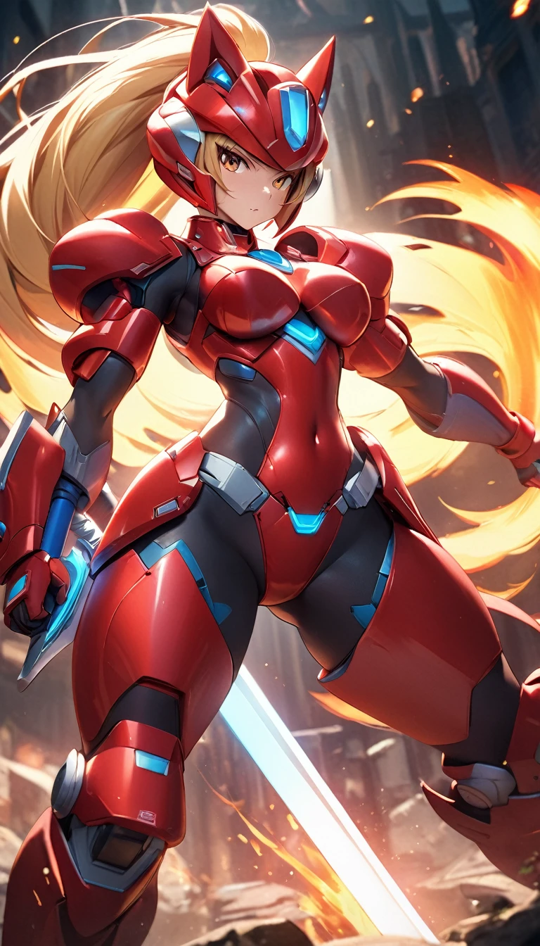 Masterpiece, exquisite and detailed, 4k, 8k, high resolution, hightech fantasy style inspired by the design of Megaman, an anthro wolf reploid goddess with long blonde ponytail hair, helmet and red armor with white details, fierce, curvy, wielding a large flaming sword, posing next to the sword, dynamic light , cinematic BG, highly detailed