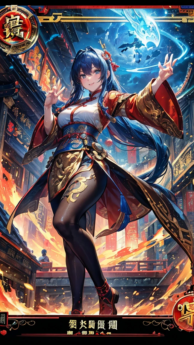 (1 mature Chinese martial artist,Full Body Tights,Age 35), ((Pub,guild)),(smile),Dynamic pose,Dynamic Angle,Pose for a photo,From below,Elderly woman、Trading Card Game Frames、Highest Rare、Five Fingers、Signature mark、Recovery Officer、Big Butt、Blue Hair、Woman with magic item