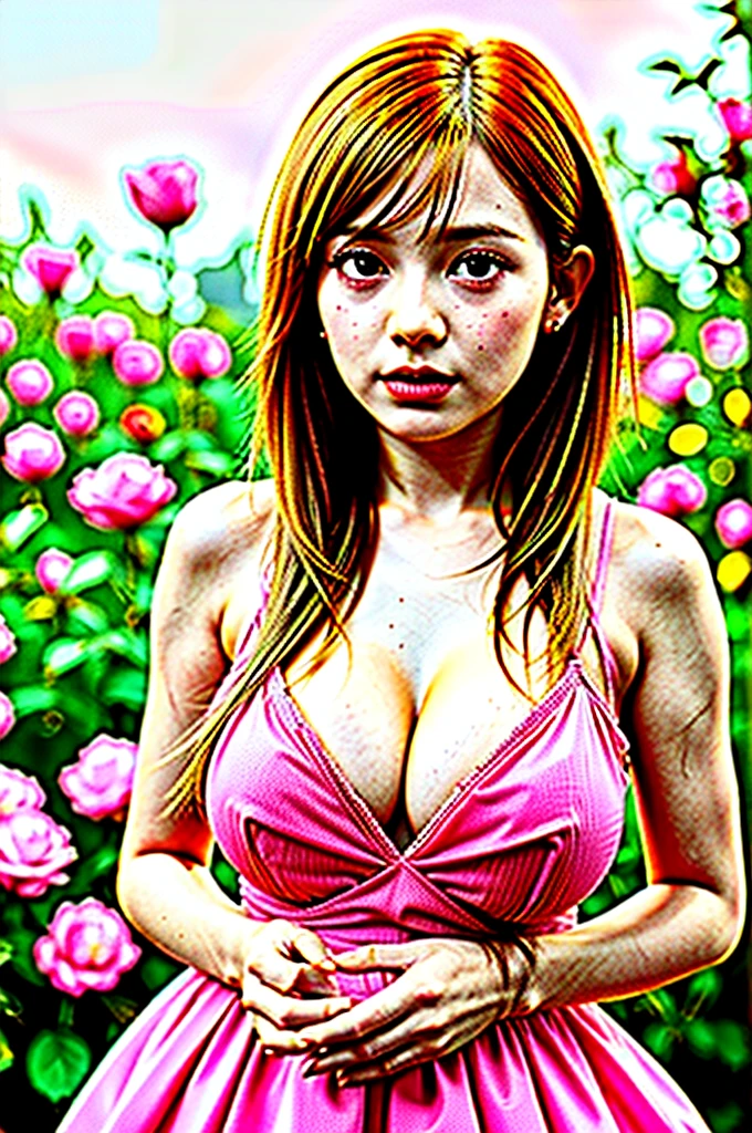 8k, RAW photo, Fujifilm, analog style photo of a beautiful young woman as avril with (huge breasts) in a light pink rose garden (highly detailed skin:1.2) Style-Petal BREAK
short hair, blonde hair with color streaks, blunt bangs, wearing a dress, film grain, 35mm, cute-style, cowboy shot