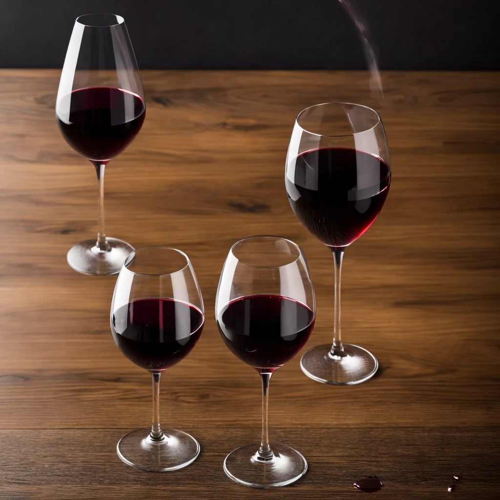 Create an image of a glass of wine knocked over on a table with a dark background and a drop of wine falling in the middle of the image, and with fog. 