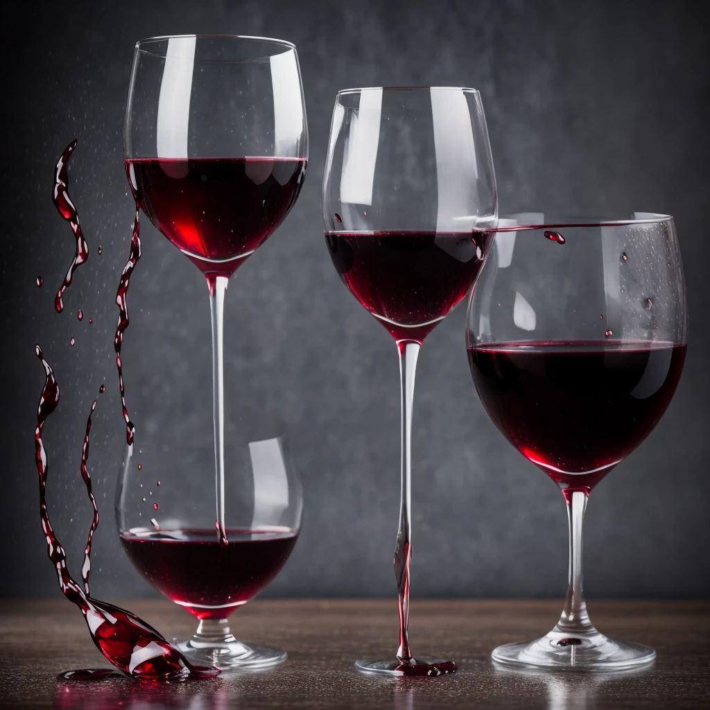 Create an image of a glass of wine knocked over on a table with a dark background and a drop of wine falling in the middle of the image, and with fog. 
