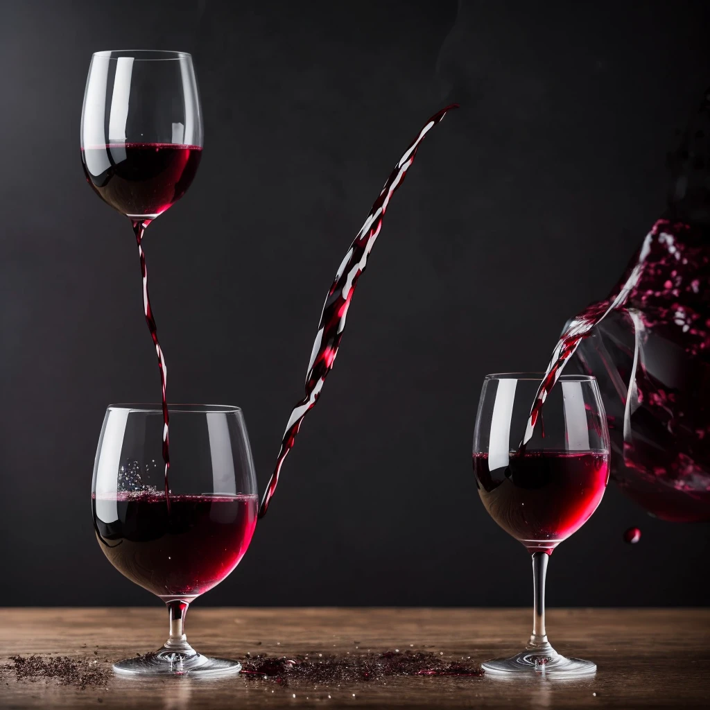 Create an image of a glass of wine knocked over on a table with a dark background and a drop of wine falling in the middle of the image, and with fog.