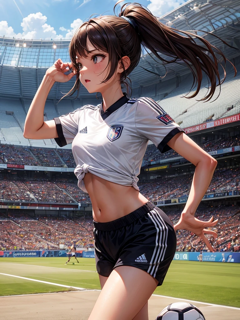 cute, sexy, girl, brown hair, ponytail, soccer, soccer field, summer, hot, sweating, tired, white crop top, black soccer shorts, hot, whore, tall, standing, running, long legs, belly, button, skinny, tied back hair, 1girl, stadium, copa America, soccer stadium, tournament field, big crowd, 1girl, solo, alone,