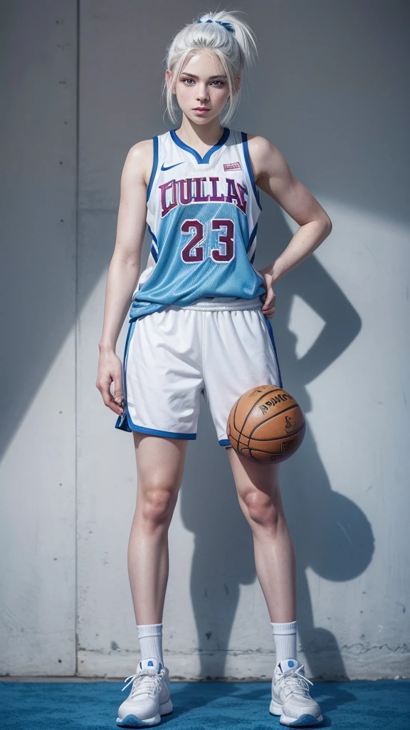 Female teenager with white hair up blue eyes and white skin wearing NBA USA uniform full body