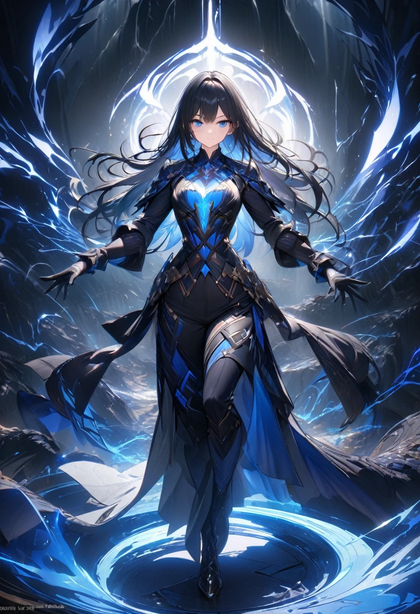 Layout design to show the characters of the game, a fighter. Blue aura, elegant and unique. marked muscles, shoulder-length hair, blue eyes, black hair, (Masterpiece: 1.2), (best quality), 4k, super detailed, (Dynamic synthesis: 1.4), Step by step design, Artistic design, (bright lighting, lighting environmental), gloomy, magical, (((gloves with full hands))),