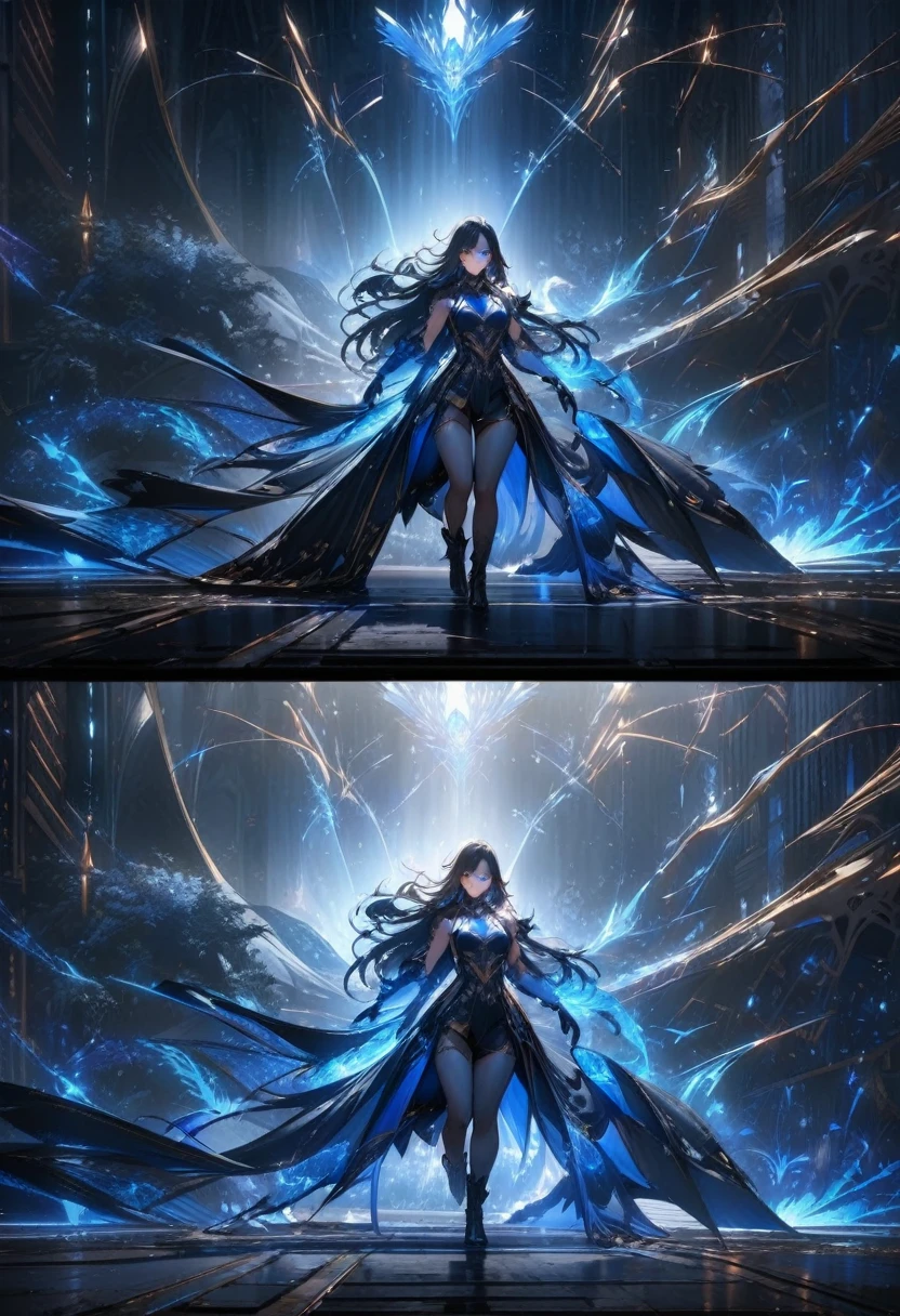 Layout design to show the characters of the game, a fighter. Blue aura, elegant and unique. marked muscles, shoulder-length hair, blue eyes, black hair, (Masterpiece: 1.2), (best quality), 4k, super detailed, (Dynamic synthesis: 1.4), Step by step design, Artistic design, (bright lighting, lighting environmental), gloomy, magical, (((gloves with full hands))),