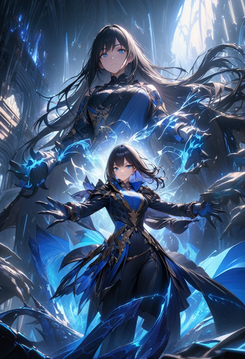 Layout design to show the characters of the game, a fighter. Blue aura, elegant and unique. marked muscles, shoulder-length hair, blue eyes, black hair, (Masterpiece: 1.2), (best quality), 4k, super detailed, (Dynamic synthesis: 1.4), Step by step design, Artistic design, (bright lighting, lighting environmental), gloomy, magical, (((gloves with full hands))),