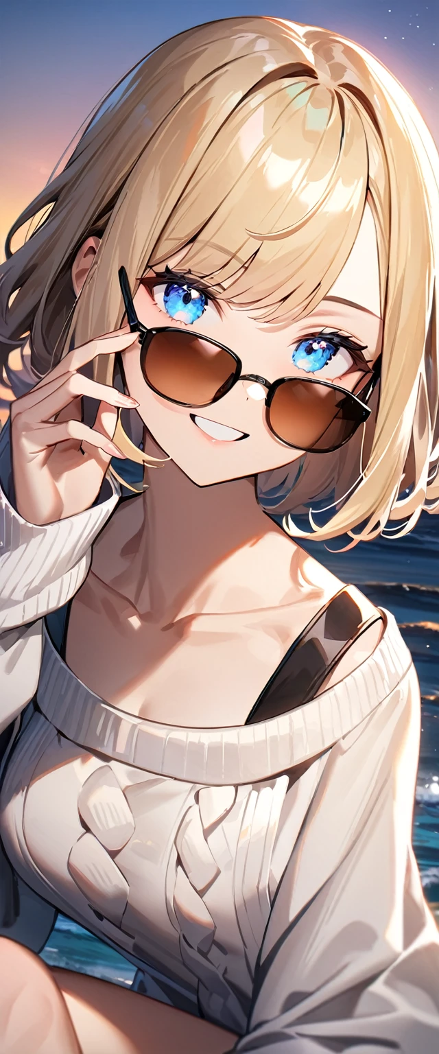 (((One girl))), (((portrait, face))), ((outward curled hair)), from side:1.3, sea, beach, Sunset, evening, ((Sitting on a cliff)), head tilt:1.3, ((aran sweater)), wavy hair, blond hair, ((sunglasses, hand to sunglasses)), (bob cut:1.3)), breasts, standard body, (looking at viewer), oversized clothes, puffy long sleeves, collarbone, ((off-shoulder sweater dress:1.3, Quite thick shoulder straps)), (((sleeves past wrists:1.3))), ((black sweater)), teenager, head tilt:1.3, (((blue eye))), ((happy smile)), (((anime style))), (best quality, 4K, 8K, highres, masterpiece:1.2, ultra-detailed, ultra-detailed eyes, HDR, uhd, studio lighting, ultra-fine painting, sharp focus, physically-based rendering, extreme detail description, professional, vivid colors, bokeh), ((Highest quality, Best image quality, Ultra-high resolution, Ultra-high resolution, solo, Strong eye highlights)), Depth of written boundary, Natural soft light, attractive, Beautiful Face, Cleanliness, Pure Face, Nedium chest, Beautiful Face, Perfect Fingers, Perfect hands, Perfect body, Perfect Face, Shine a light into your eyes, Perfect ???????