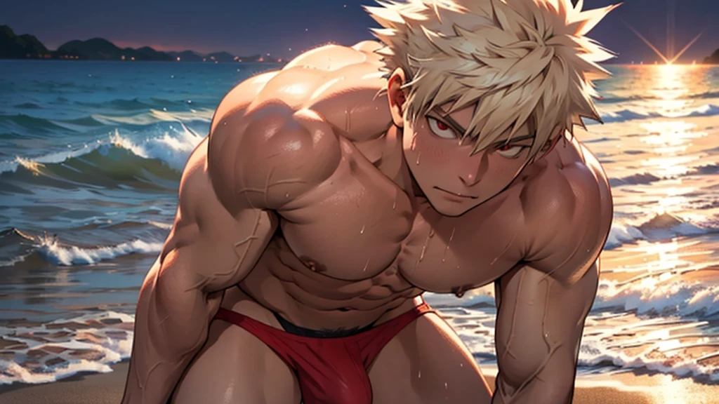 Top quality, Photorealistic, 8K, High definition, Unity 8k wallpaper, A high resolution, ultrasharp, Masterpiece, ((Masterpiece)), Best quality, Intricate details, Expressive eyes, Perfect face, Detailed face, Carefully open your eyes, Detailed eyes, Highly detailed and delicate figure art, Ultra-realistic, Detailed body, Detailed pectorals, ((Male focus)), Detailed muscles, From Boku Hero Academy,Katsuki Bakugo, soaken in the beach, beach at night,red eyes, huge bulge, with wet skin, big legs, thongs