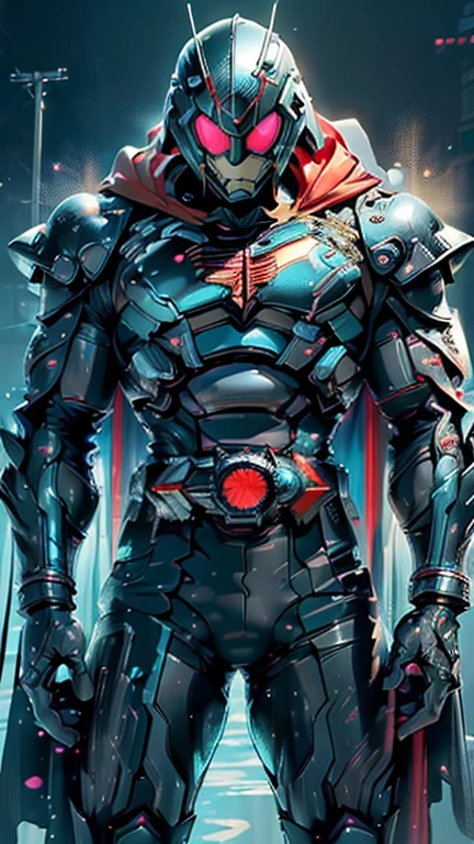 (man:1.5),muscular man in Kamen Rider armor,(((1man))),((man muscular in Kamen Rider armor)),
((exaggerated muscles,exaggerated shoulders,very muscular and huge)),man chest,((((muscular,muscular man,tall,big biceps,abs,big thighs,broad shoulders,short hair)))),
Superman,bKamen Rider helmet, Kamen Rider armor,mecha armor,full of weapons,((LED lights, RGB lights,black and neon blue armor,red cape)),((wet armor,intricate armor,detailed armor)),
(dynamic pose:1.0),solo focus,(centered,scale to fit dimensions,Rule of thirds),
cyberpunk city by the ocean at night, with bright neon signs and dark stormy clouds and puddles, scenery:1.25,
highres, sharp focus, (ultra detailed, extremely detailed), (photorealistic artwork:1.37),(extremely detailed CG unity 8k wallpaper),((synthwave background theme)),(((vibrant colors))),(intricate background),(masterpiece),(best quality),