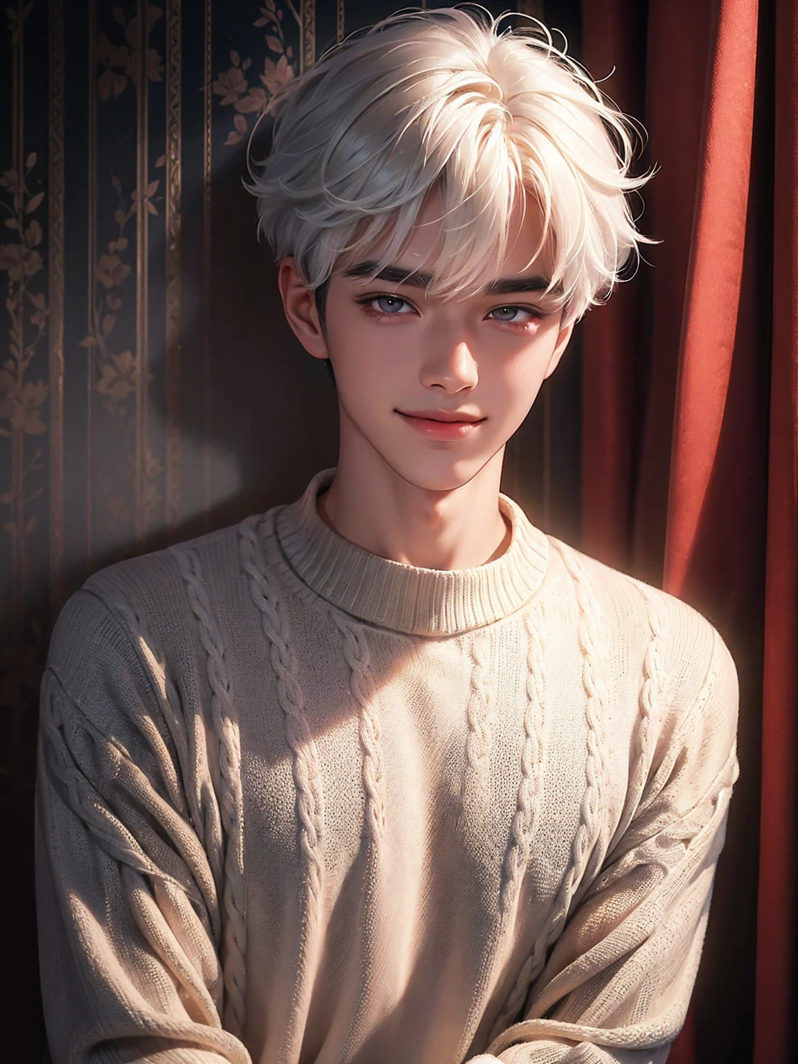 Best-Quality, Masterpiece, Ultra-High-Resolution, korean boy, very white hair, pervert smile, sexy, ((dark wallpaper)), very bright brown eye colour, ((asian)), pale skin, curly hair with bangs, curtain bangs, ((dark sweater)), pink blush, looking at the viewer, white eyebrow, (hazy eyes), mischievous smile, predator, gorgeous, handsome, vivid colors,sharp focus,HDR,studio lighting,