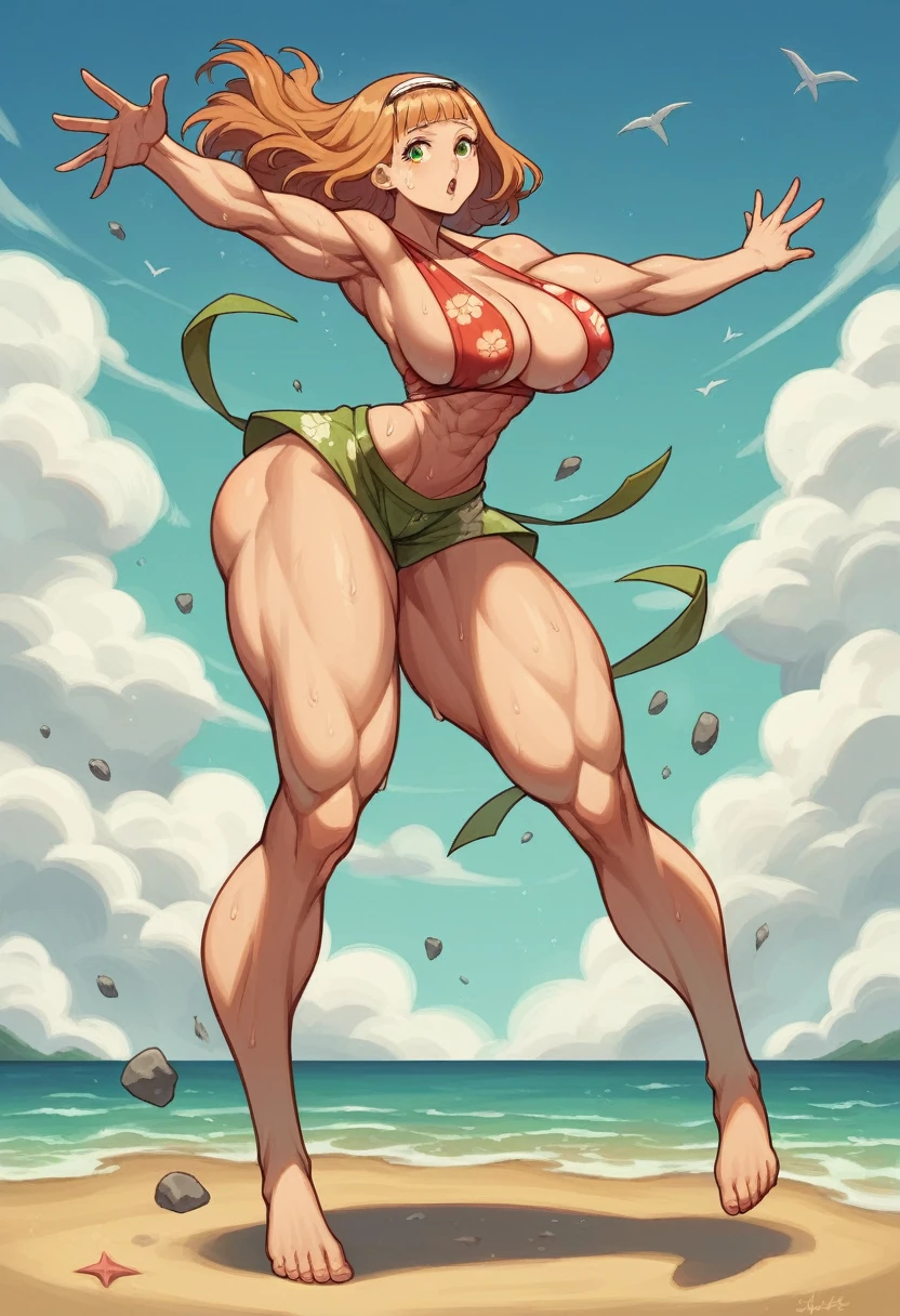 mimosa Vermillion, Women, Charm, defined body, big breasts, small waist, defined abdomen, thin arms, sexy arms, noodle arms, six pack, very high, huge butt, muscular legs, huge legs, wide legs, exaggeratedly muscular legs, long legs, barefoot, dressed in Hawaiian clothing, bare arms, sexy legs, big breasts seductores, kicking in the air, in a beach, many stones destroyed, alone, excessive sweat