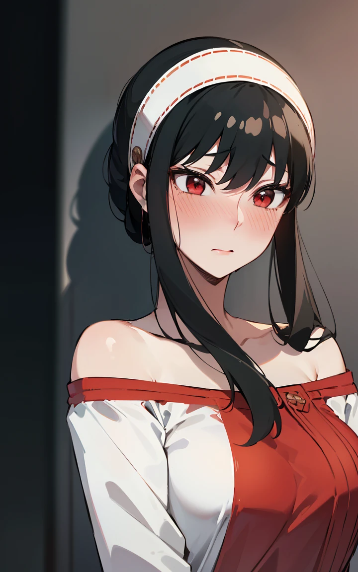 Absurd:1.8, Realistic, unity 8k wallpaper, masterpiece, Detailed Hair, Very detailed, Realistic glistening skin、(Black-haired、Long hair short hair、White hair band、Red eyes、Off the shoulder、Red sweater、Long sleeve)、(Embarrassing、blush:1.3)、