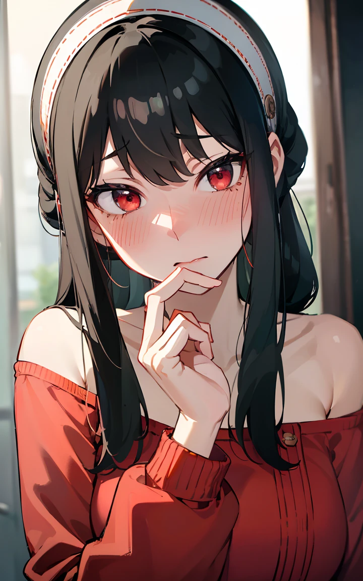 Absurd:1.8, Realistic, unity 8k wallpaper, masterpiece, Detailed Hair, Very detailed, Realistic glistening skin、(Black-haired、Long hair short hair、White hair band、Red eyes、Off the shoulder、Red sweater、Long sleeve)、(Embarrassing、blush:1.3)、