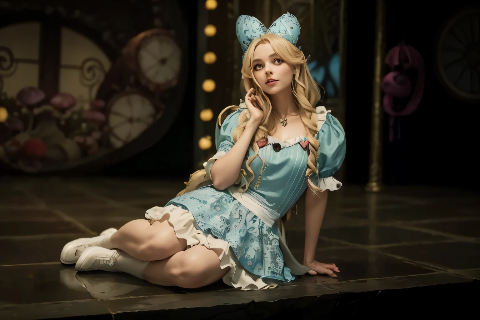 (Best quality, 8k, 32k, Masterpiece, UHD:1.2), "Transform the scene into the whimsical and surreal Wonderland from Tim Burton's Alice in Wonderland movie. Picture a fantastical landscape filled with vibrant colors, twisted shapes, and eccentric details that defy the laws of nature.

The sky is a swirling blend of deep purples and electric blues, dotted with fluffy, oversized clouds. The ground is a patchwork of lush, green meadows and peculiar, brightly colored flowers that seem to have a life of their own. Enormous mushrooms, in a variety of shapes and sizes, tower above, casting curious shadows.

In the distance, you can see the towering, whimsical architecture of the Queen of Hearts' castle, with its heart-shaped turrets and red-and-black color scheme. A winding path, paved with mismatched stones, leads through the landscape, inviting exploration. Along the path, you'll encounter all manner of strange and enchanting creatures, from the mischievous Cheshire Cat, with his wide grin and glowing eyes, to the endearing yet peculiar White Rabbit, always in a hurry.

The trees are gnarled and twisted, with branches that reach out like skeletal hands, some adorned with glowing lanterns and peculiar fruits. The foliage is dense and full of surprises, with occasional glimpses of fantastical creatures peeking through.

The overall atmosphere is one of enchantment and curiosity, with a touch of darkness and mystery, capturing the unique and magical essence of Tim Burton's Wonderland. Every element should be infused with a sense of whimsy and wonder, transforming the setting into a place where the impossible becomes possible." ((queen of Hearts)) ((throne Room))