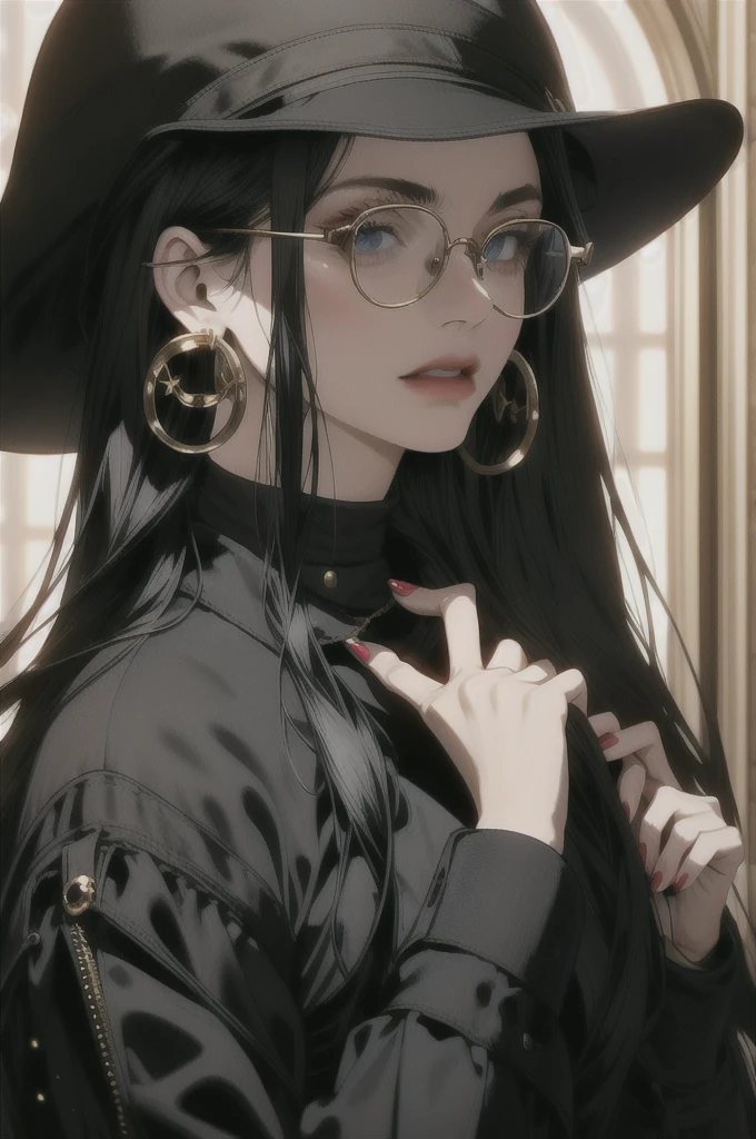 a young woman with long black hair, blue eyes, and round glasses, wearing a black hat with a golden detail, gold hoop earrings, detailed facial features, elegant, portrait, cinematic lighting, dramatic colors, highly detailed, 4k, photorealistic, digital painting