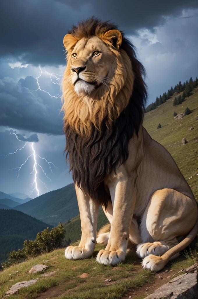 A lion on a mountain with realistic details with lightning in the background written PM REVELA