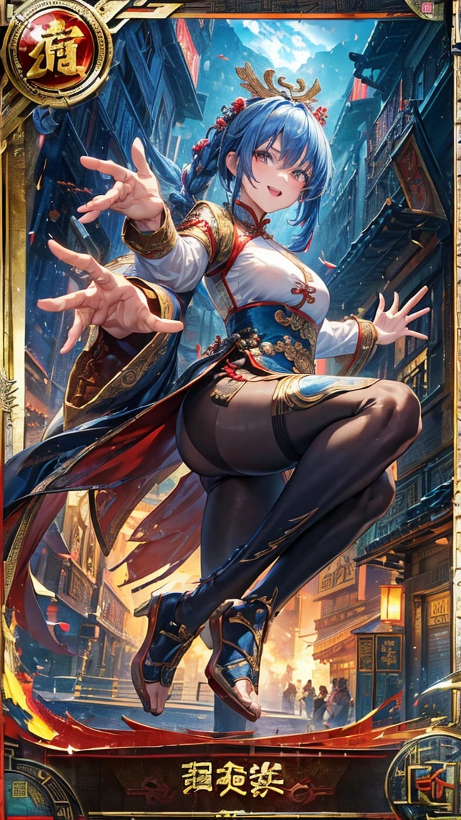 (1 mature Chinese martial artist,Full Body Tights,Age 35), ((Pub,guild)),(smile),Dynamic pose,Dynamic Angle,Pose for a photo,From below,Elderly woman、Trading Card Game Frames、Highest Rare、Five Fingers、Signature mark、Recovery Officer、Big Butt、Blue Hair、Gauntlet Fighting Pose