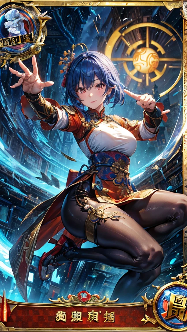 (1 mature Chinese martial artist,Full Body Tights,Age 35), ((Pub,guild)),(smile),Dynamic pose,Dynamic Angle,Pose for a photo,From below,Elderly woman、Trading Card Game Frames、Highest Rare、Five Fingers、Signature mark、Recovery Officer、Big Butt、Blue Hair、Gauntlet　Fighting Pose