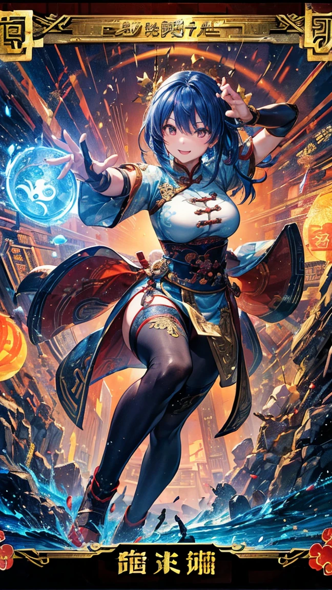 (1 mature Chinese martial artist,Full Body Tights,Age 35), ((Pub,guild)),(smile),Dynamic pose,Dynamic Angle,Pose for a photo,From below,Elderly woman、Trading Card Game Frames、Highest Rare、Five Fingers、Signature mark、Recovery Officer、Big Butt、Blue Hair、Gauntlet　Fighting Pose